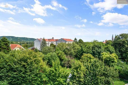 Ausblick vom Wohnsalon auf den Bisamberg und das Stift Klosterneuburg