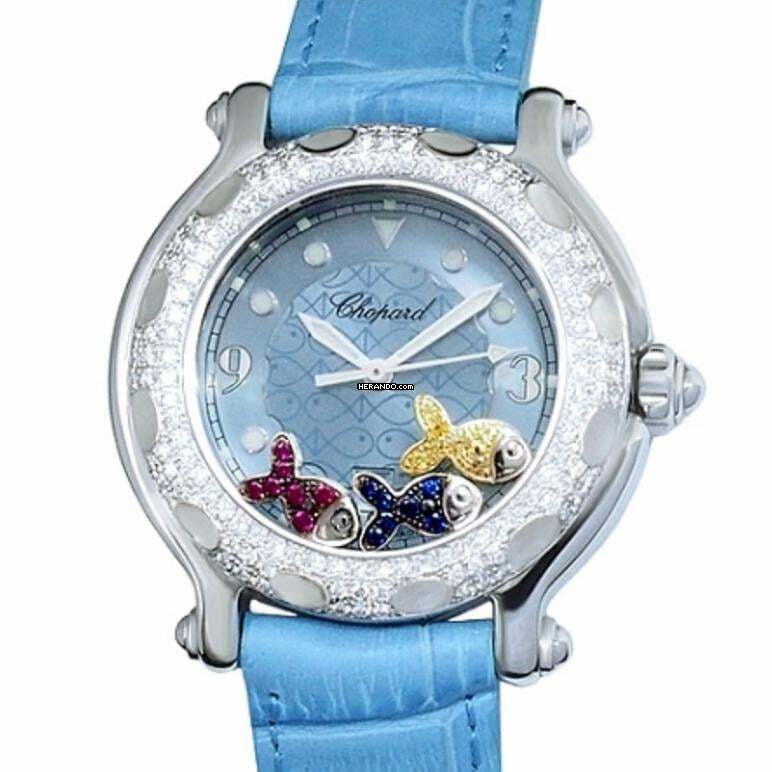 Herando Chopard Happy Sport 32mm Steel Floating Fishes Diamond