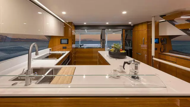 Riviera 78 Motor Yacht Galley 02 Gloss Teak Timber Finish