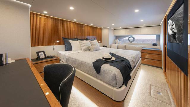 Riviera 78 Motor Yacht Master Stateroom 04 Gloss Teak Timber Finish