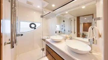 Riviera 78 Motor Yacht Master Ensuite 02 Gloss Teak Timber Finish