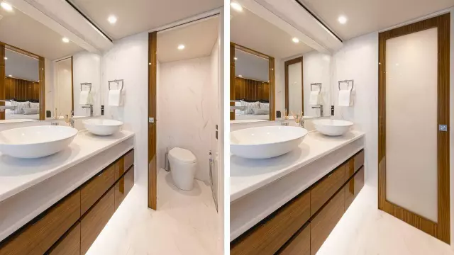 Riviera 78 Motor Yacht Master Ensuite Split 04 Gloss Teak Timber Finish