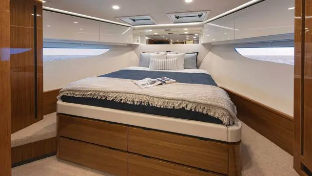 Riviera 78 Motor Yacht Forward VIP Stateroom 01 Gloss Teak Timber Finish