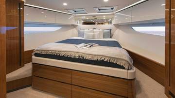 Riviera 78 Motor Yacht Forward VIP Stateroom 01 Gloss Teak Timber Finish