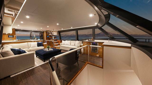 Riviera 78 Motor Yacht Saloon 01 Gloss Teak Timber Finish