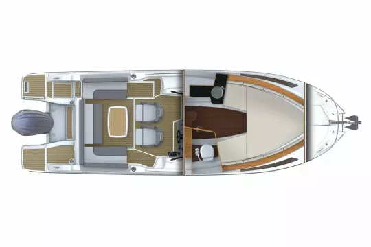 Jeanneau Cap Camarat 7.5 WA - diagram of cockpit seating around table and cabin layout