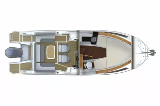 Jeanneau Cap Camarat 7.5 WA - diagram of cockpit seating around table and cabin layout