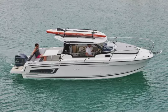 Jeanneau Merry Fisher 795 Series 2 - overhead view from starboard side with storage rack on roof