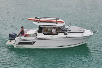 Jeanneau Merry Fisher 795 Series 2 - overhead view from starboard side with storage rack on roof