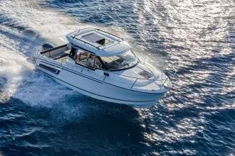 Jeanneau Merry Fisher 795 Series 2 - overhead view towards bow with cabin deck hatch and wheelhouse roof hatch