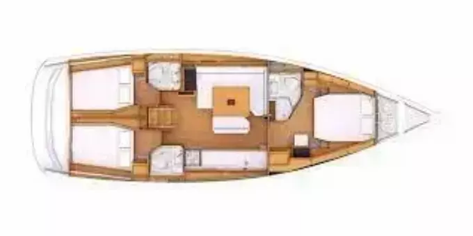 2017 Jeanneau Sun Odyssey 469 interior layout with three cabins and two bathrooms.