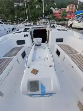 2017 Jeanneau Sun Odyssey 469 sailboat deck and cockpit area.