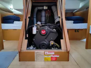 Engine compartment of 2019 Jeanneau Sun Odyssey 440 sailboat, showcasing interior layout and design.