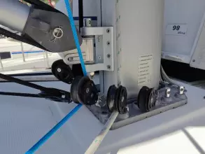Jeanneau Sun Odyssey 440 sailboat rigging detail, 2019 model, featuring pulleys and ropes.