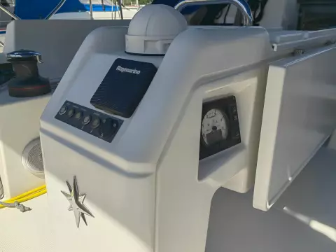 Control panel of 2019 Jeanneau Sun Odyssey 440 sailboat with Raymarine equipment.