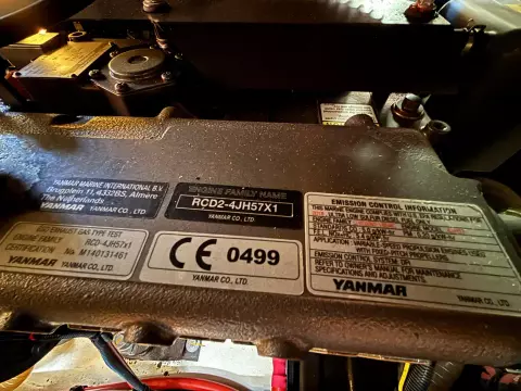 Engine compartment of 2019 Jeanneau Sun Odyssey 479 with Yanmar engine details and labels.