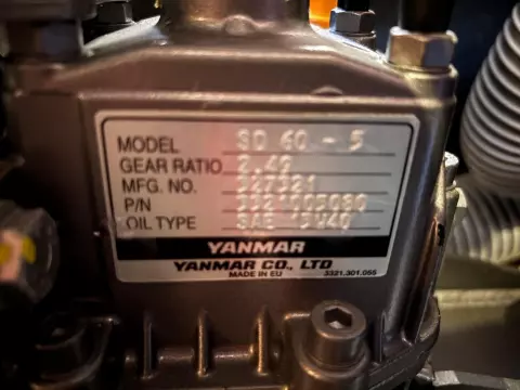 Yanmar engine label on Jeanneau Sun Odyssey 479, 2019 model, showing specifications and oil type.