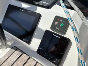 Control panel on 2019 Jeanneau Sun Odyssey 479 sailboat with Raymarine displays.