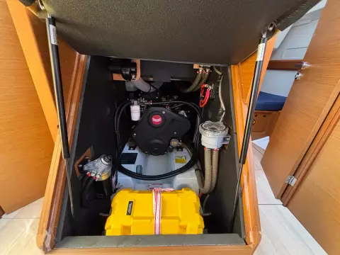Engine compartment of 2019 Jeanneau Sun Odyssey 479 sailboat, showcasing mechanical components.