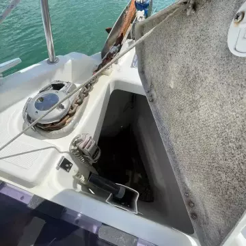 Anchor locker of 2020 Jeanneau Sun Odyssey 440 sailboat with chain and winch.
