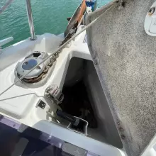 Anchor locker of 2020 Jeanneau Sun Odyssey 440 sailboat with chain and winch.