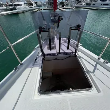 Open hatch on Jeanneau Sun Odyssey 440 sailboat, 2020 model, docked at marina.