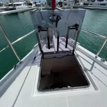 Open hatch on Jeanneau Sun Odyssey 440 sailboat, 2020 model, docked at marina.