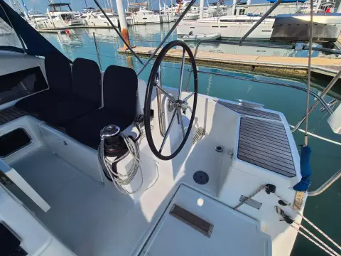 Cockpit of 2020 Jeanneau Sun Odyssey 440 yacht docked at marina.