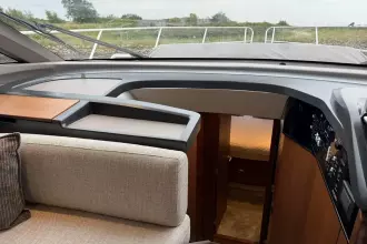 Interior of 2024 Princess F50 yacht, featuring modern design and luxurious seating.
