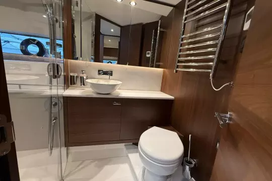 Luxurious bathroom in 2024 Princess F50 yacht with modern fixtures and elegant wood finish.