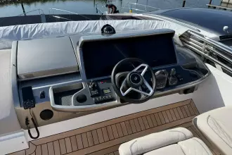 2024 Princess F50 yacht helm with modern controls and sleek design.