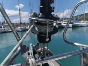 Jeanneau Sun Odyssey 469 sailboat detail, 2013 model, docked in a marina.