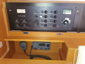 Control panel of 2013 Jeanneau Sun Odyssey 469 sailboat with communication equipment.