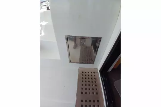 Stainless steel hatch on 2020 Lagoon 42 yacht interior.