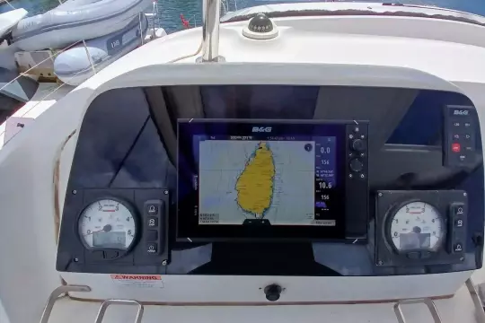 Cockpit navigation system of 2020 Lagoon 42 catamaran with GPS display and gauges.