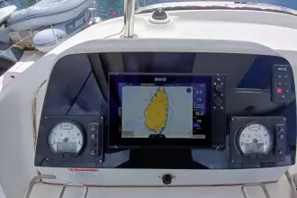 Cockpit navigation system of 2020 Lagoon 42 catamaran with GPS display and gauges.