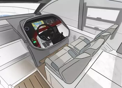 Interior cockpit of 2025 Fairline Targa 50 Open yacht with modern navigation system.