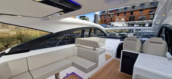 2025 Fairline Targa 45 Open yacht interior with luxurious seating and modern design.