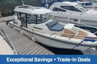 2023 Nimbus Commuter 8 boat docked, available for sale with trade-in deals.