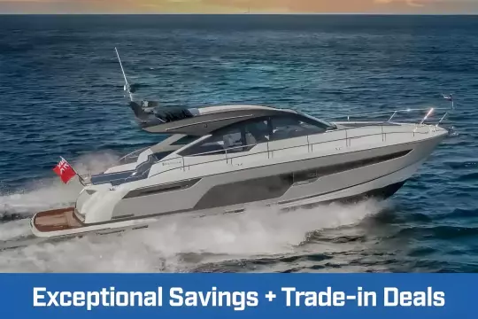 2026 Fairline Targa 50 Open yacht cruising at sea, promoting exceptional savings and trade-in deals.