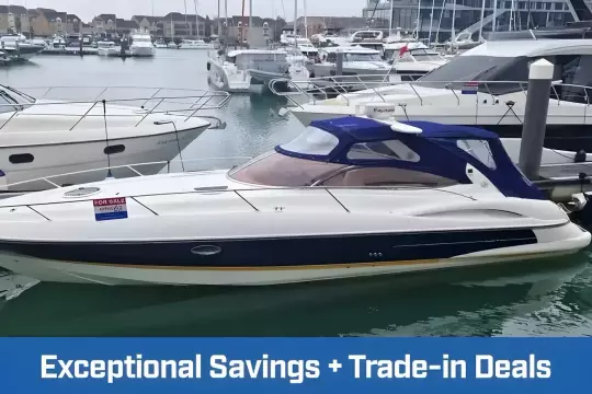 2003 Sunseeker Superhawk 34 yacht for sale, docked in marina, exceptional savings and trade-in deals.