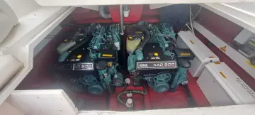 Engine compartment of a 2003 Sunseeker Superhawk 34 with twin KAD 300 engines.