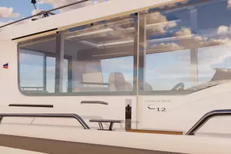 2026 Nimbus Commuter 12 boat with sleek design and large windows.