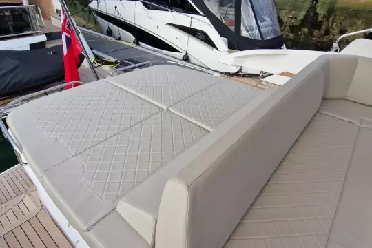 2024 Fairline Targa 45 Open yacht with luxurious quilted seating and sleek design.