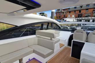 Luxurious interior of 2024 Fairline Targa 45 Open yacht with modern seating and sleek design.