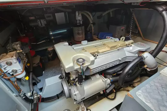 Engine room of 2008 Linssen Grand Sturdy 380 AC yacht, showcasing detailed machinery.