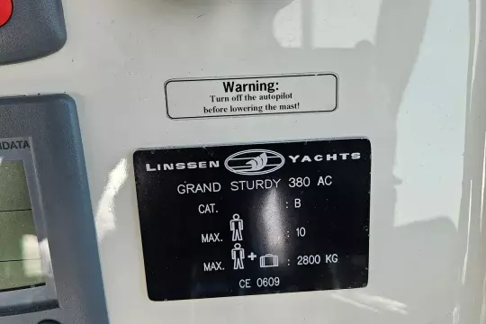 2008 Linssen Grand Sturdy 380 AC yacht warning label and specifications plate.