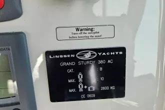 2008 Linssen Grand Sturdy 380 AC yacht warning label and specifications plate.