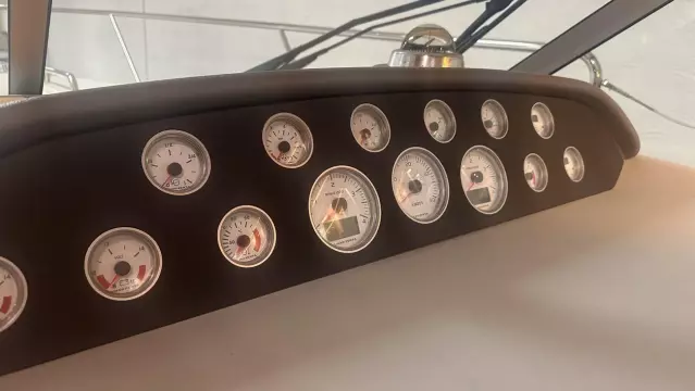 Dashboard of a 2008 Nimbus 42 Nova boat with multiple gauges and controls.